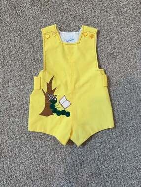 Jayne Copeland Vintage Yellow Caterpillar Applique Shortall Romper